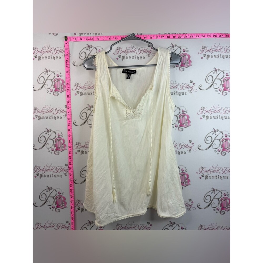 Love & Legend tank top tassles Cream Textured Sleeveless Top with Lace Trim
